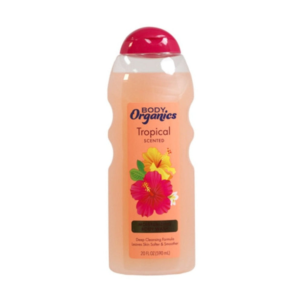 Bottle of Body Organics Tropical Scented Body Wash with hibiscus flower label.